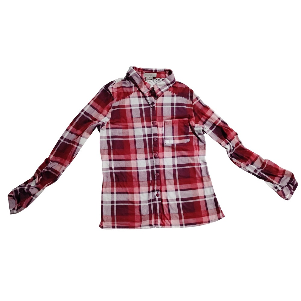 Passport Womens Red Plaid Button Up Shirt Lace Back Detail Size L Long Sleeve
